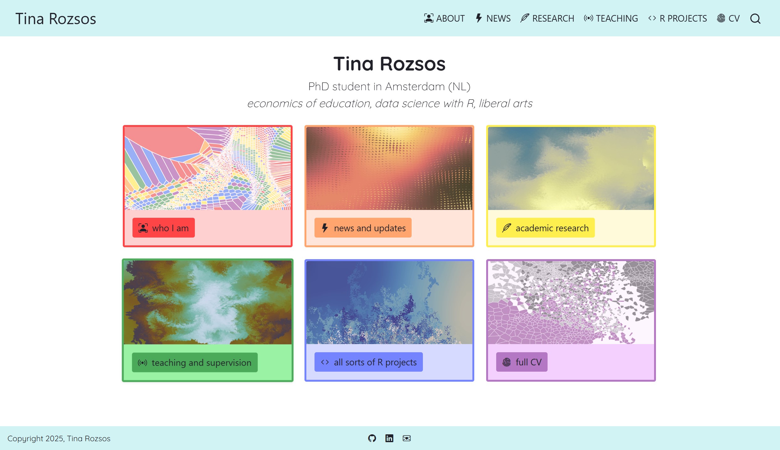 Image of the home page featuring rainbow-colored cards to subpages of the website